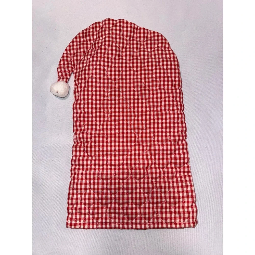 Vintage Sandra Claus Shoppe Quilted Santa Bottle Cover Red Gingham Winking MCM
